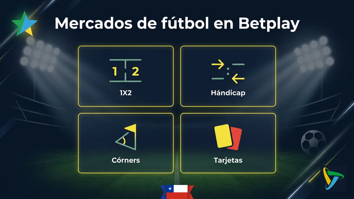 Cuatro tarjetas mostrando distintos mercados de apuestas de fútbol disponibles en Betplay Chile