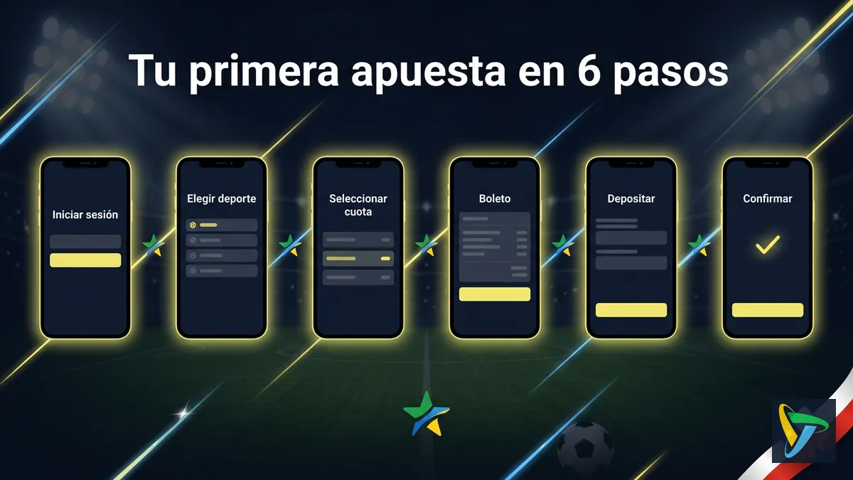 Seis pantallas de mockup mostrando el proceso paso a paso para hacer una apuesta deportiva en Betplay