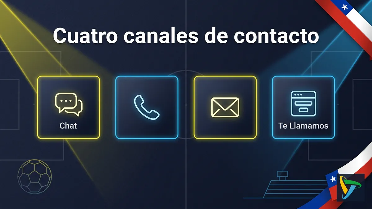 Los cuatro canales de contacto de Betplay: chat, teléfono, correo y formulario en Chile