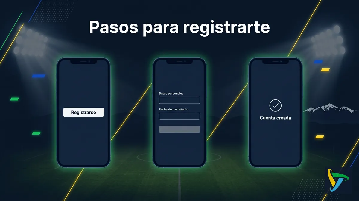Tres pantallas de celular mostrando el proceso de registro paso a paso en Betplay con fondo de estadio y Andes al fondo